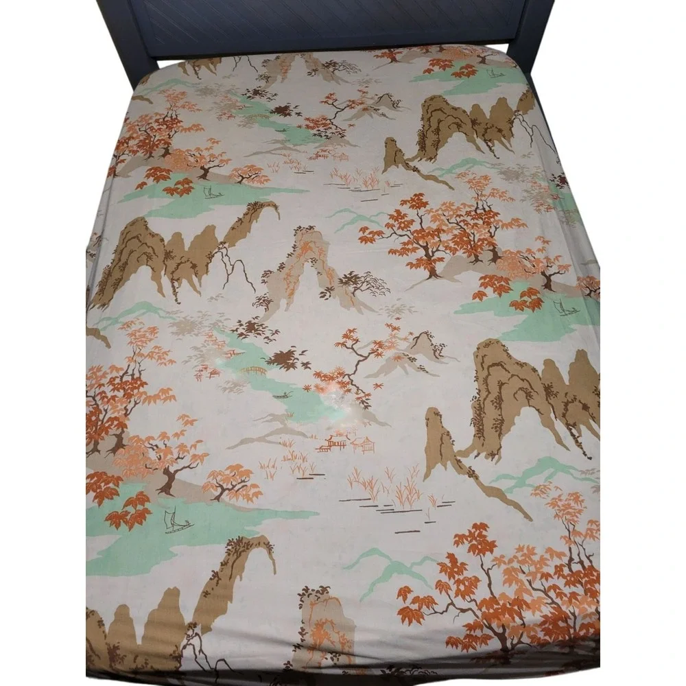 Vintage Asian-Inspired Full Flat & Fitted Sheets Set With Scenic Mountain & Tree